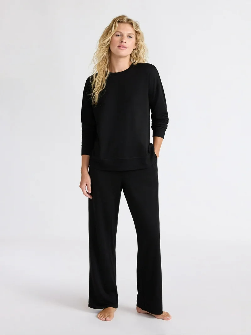 Joyspun Women's Fleece Long Sleeve Top and Straight Leg Pants Lounge Set, 2-Piece, Sizes XS-3X | Walmart (US)