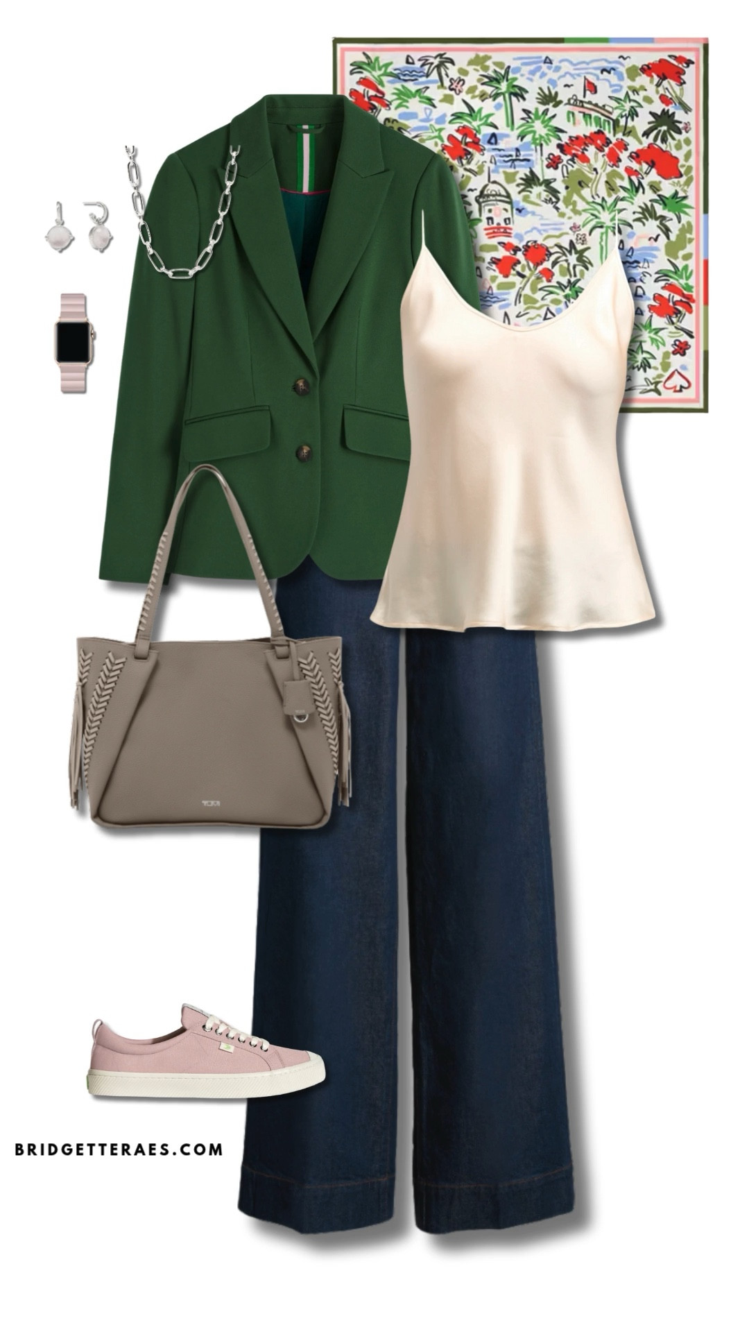 A deep green blazer brings authority and freshness, while wide-leg denim trousers offer comfort without compromising professionalism. The ivory satin cami softens the look with understated elegance, balancing the tailored lines with fluidity. Paired with blush sneakers and a taupe tote, the accessories keep the tone relaxed yet elevated—ideal for a busy day moving from meetings to creative brainstorms. A bold scarf and silver jewelry add individuality, while the Apple Watch anchors the look in practicality and pace. This powerful, polished outfit blends structure with personality—perfect for a woman leading with confidence and modern flair. 

#LTKWorkwear #LTKShoeCrush #LTKStyleTip