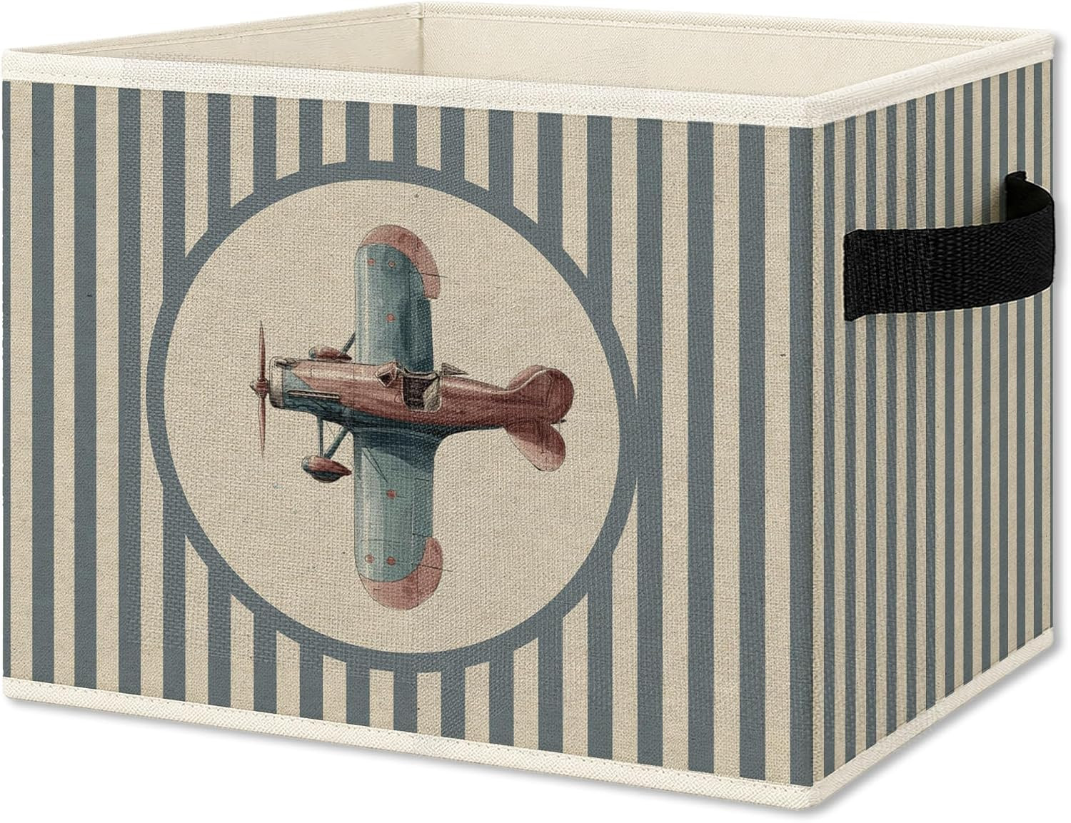 Vintage Airplane Nursery Foldable Storage Bins Box with Handles, Kids Room Decor for Boys, Blue Striped Plane Collapsible Organizer Basket for Kids Nursery Room Bedroom Playroom Books | Amazon (US)