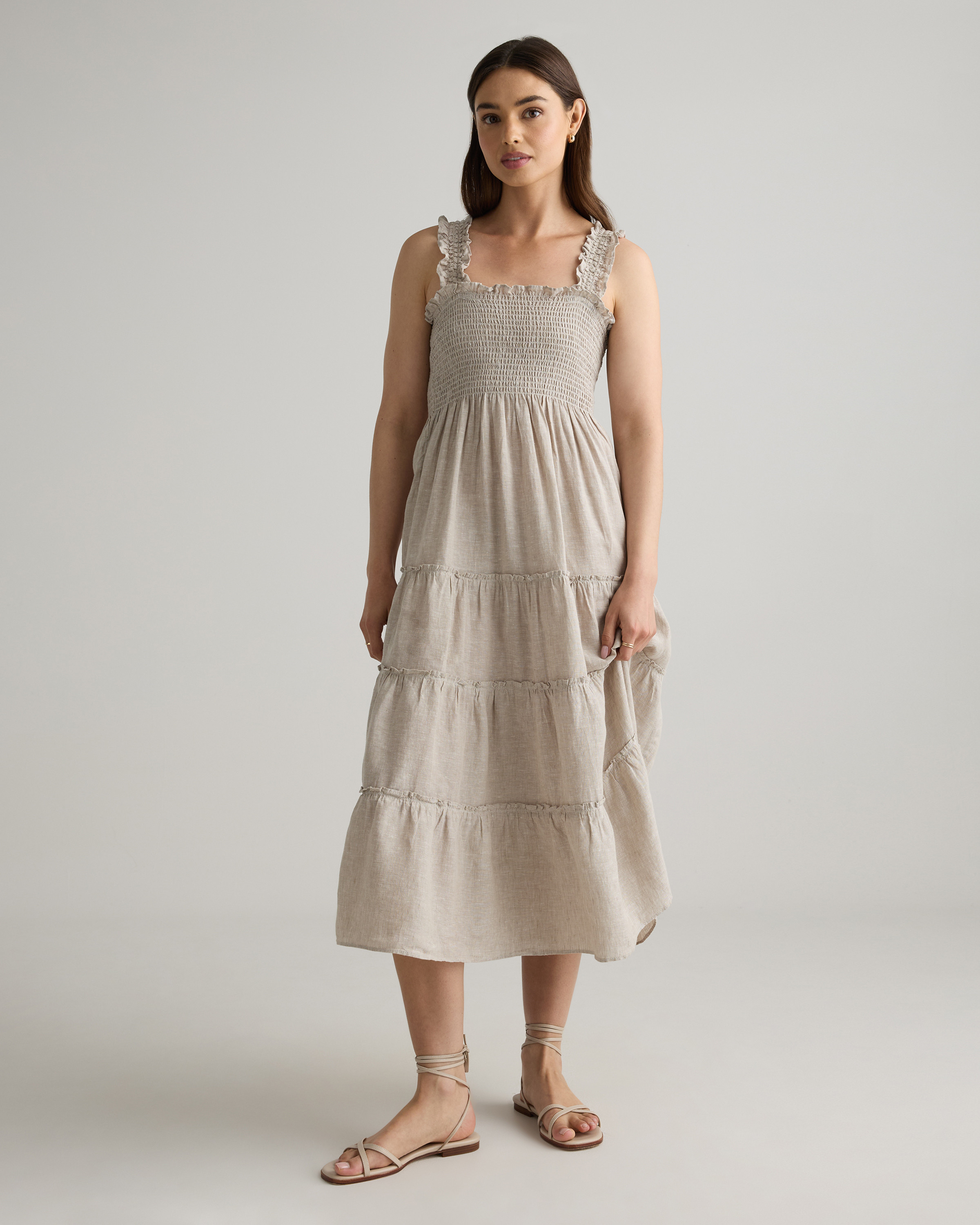 100% European Linen Smocked Midi Dress in Blue Pinstripe | Quince