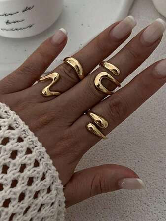 7 Pcs Golden Color Metal Chunky Rings Set For Women , Minimalist Crossing Rings , Women Stacked Stackable Minimalist Ring Jewelry | SHEIN