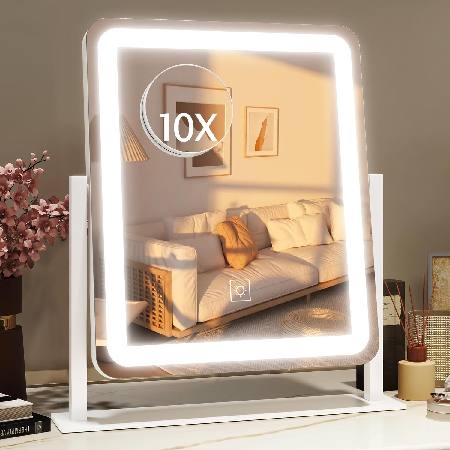 HNV Lighted Vanity Mirror 15"x13" — Dimmable Makeup Mirror with Lights, 3 Color Smart Touch Control, 360° Rotation, HD Glass Aluminum Frame, Tabletop for Bedroom Vanity Dorm | Amazon (US)