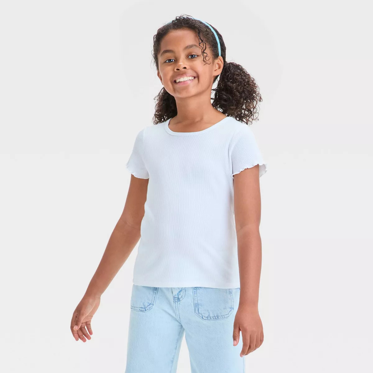 Girls' Short Sleeve Ribbed T-Shirt - Cat & Jack™ White M: Cotton Blend, Crew Neck, Pullover, Ma... | Target