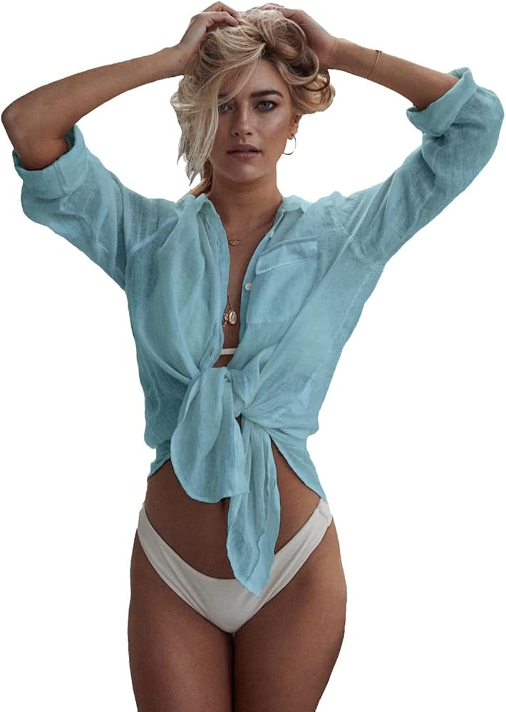 Zoye Chen Women’s Bikini Swimsuit Cover Up Button Down V Neck Shirts Long Sleeve Blouse Beachwe... | Amazon (US)