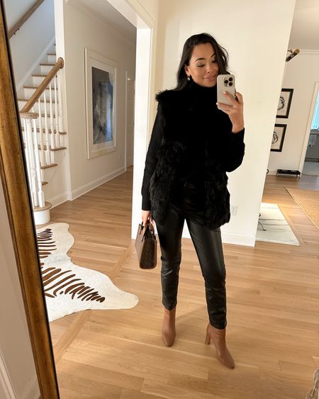Fur vest, leather pants and boots. Booties, winter outfit, winter outfits, faux leather, neutral style, classic. 

#LTKSeasonal #LTKshoecrush #LTKitbag