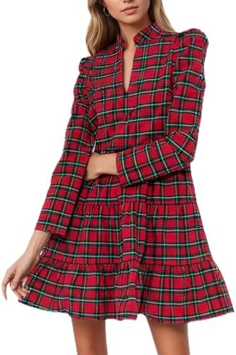 Women's Plaid Print Tunic Dress Long Sleeve V Neck Loose Shirt Dress Ruffle Hem Casual Swing Baby... | Amazon (US)