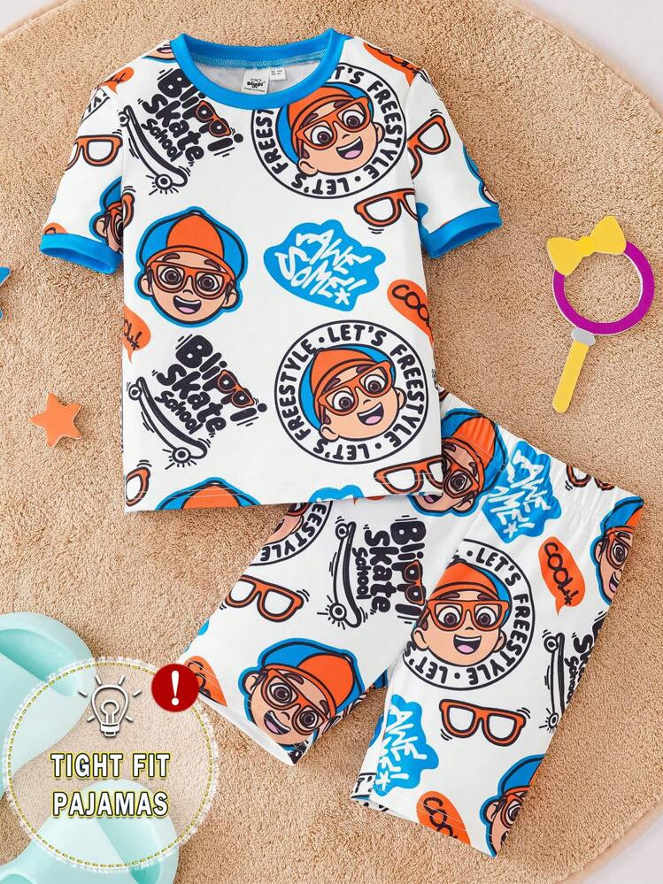 Blippi X SHEIN Young Boy Cartoon Graffiti English Patch Skateboard Graphic Contrast Binding Form-Fitting Textured Summer Pajamas Set | SHEIN