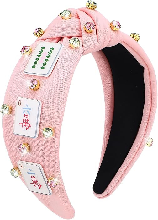 Mahjong Knotted Headband Rhinestone Crystal Embellished Headband Wide Top Knot Funny Hairband Hair Accessories Mahjong Gifts for Women Girls Lovers Players Themed Party Favors(Pink) | Amazon (US)