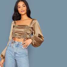 Drawstring Ruched Front Shirred Back Satin Top | SHEIN