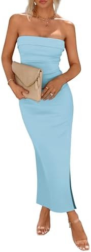 PRETTYGARDEN Women's Summer Bodycon Maxi Tube Dress Ribbed Strapless Side Slit Long Going Out Cas... | Amazon (US)