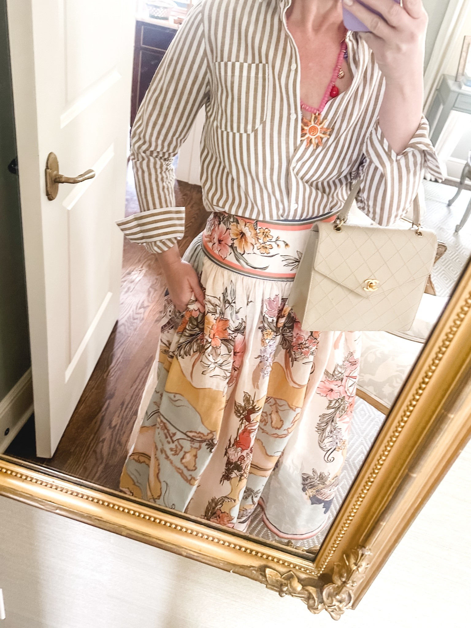 Grab this necklace before it’s gone! So many layering possibilities for summer. Shirt is a linen/cotton blend, gorgeous and fits true to size. Skirt is a splurge but worth it! I’ll wear it all summerr