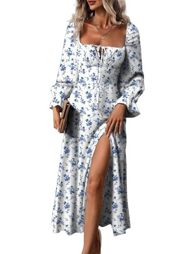 BLENCOT Womens Casual Square Neck Long Sleeve Boho Floral Midi Dress Print Side Split Dresses White S | Amazon (US)