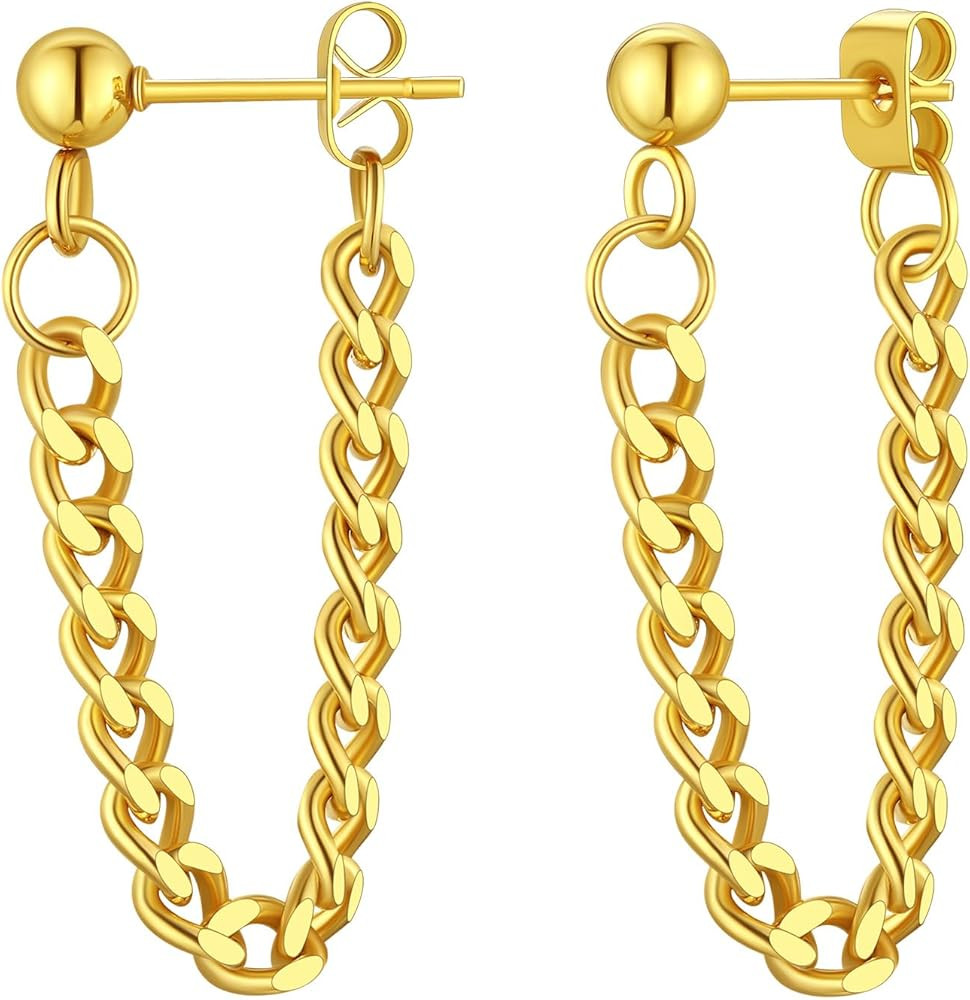 FindChic Stainless Steel Bar Drop Earrings 18K Gold Plated Thin Flat Geometric Round/Stick/Rectan... | Amazon (US)