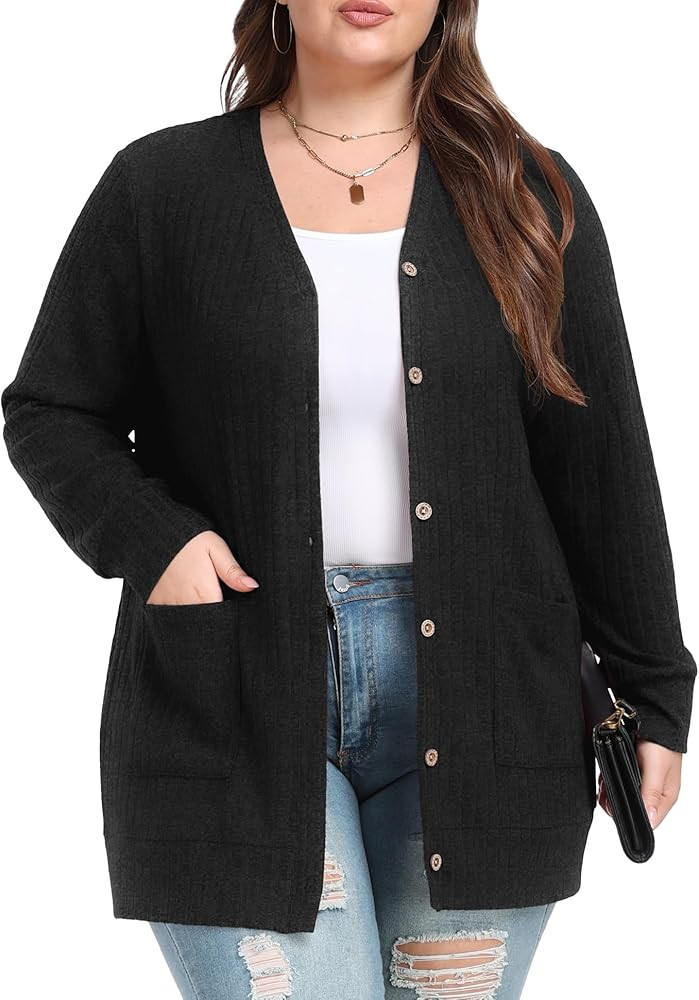 OLRIK Plus Size Cardigan for Women Open Front Button Down Lightweight Casual Sweater with Pockets... | Amazon (US)