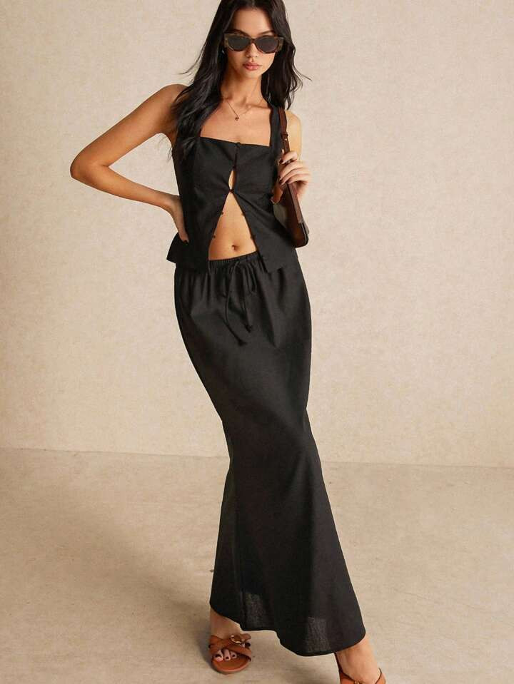 SHEIN Frenchy French Casual Two-Piece Set, Cute Tops For School, Fall Tops, Fall Women's Clothing, Back To School, Office Clothes, Button-Down Vests, Black Crop Tops, Black Floor-Length Skirts, Black Low-Waist Skirts, School Uniform Skirts, Basics, Black Skirts | SHEIN
