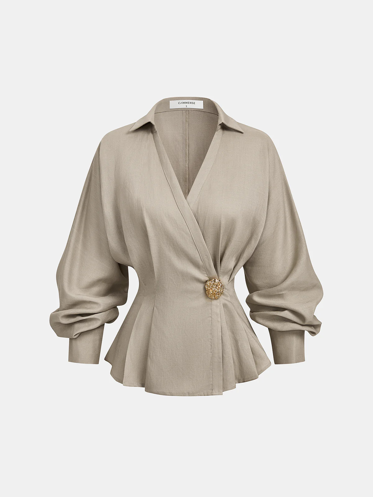 Linen Blend Balloon Sleeve Wrap Blouse | Commense