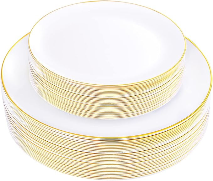 KIRE 60PCS Gold Plastic Plates - Thanksgiving Heavy Duty White Disposable Plates with Gold Rim fo... | Amazon (US)