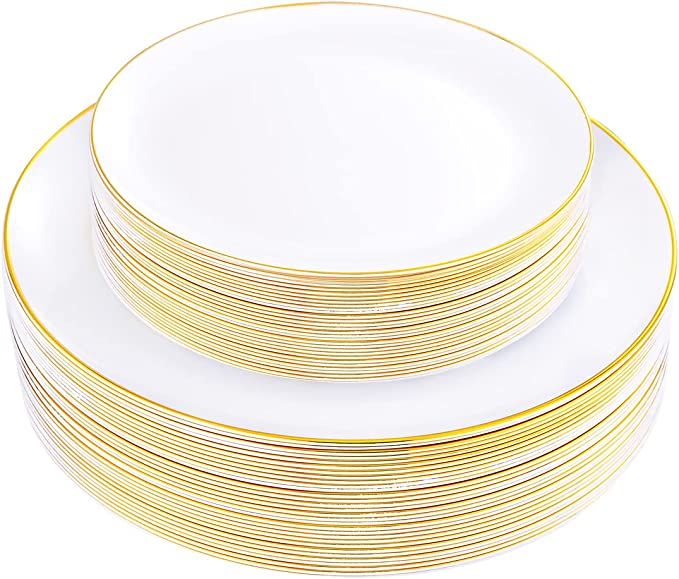 KIRE 60PCS Gold Plastic Plates - Heavy Duty White Disposable Plates with Gold Rim for Party/Weddi... | Amazon (US)
