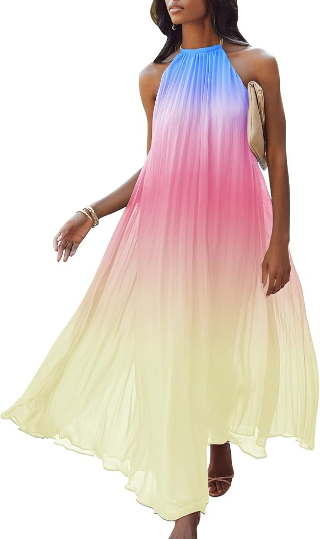 Paintcolors Women's Casual Halter Sleeveless Pleated Long Maxi Dress Backless Loose Ombre Summer ... | Amazon (US)