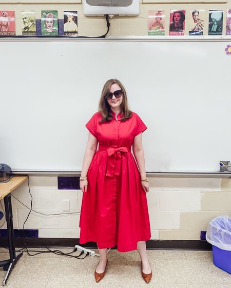 Red poplin midi dress. Fits TTS
Sarah Flint bow flats - fits TTS

#LTKshoecrush #LTKstyletip #LTKworkwear