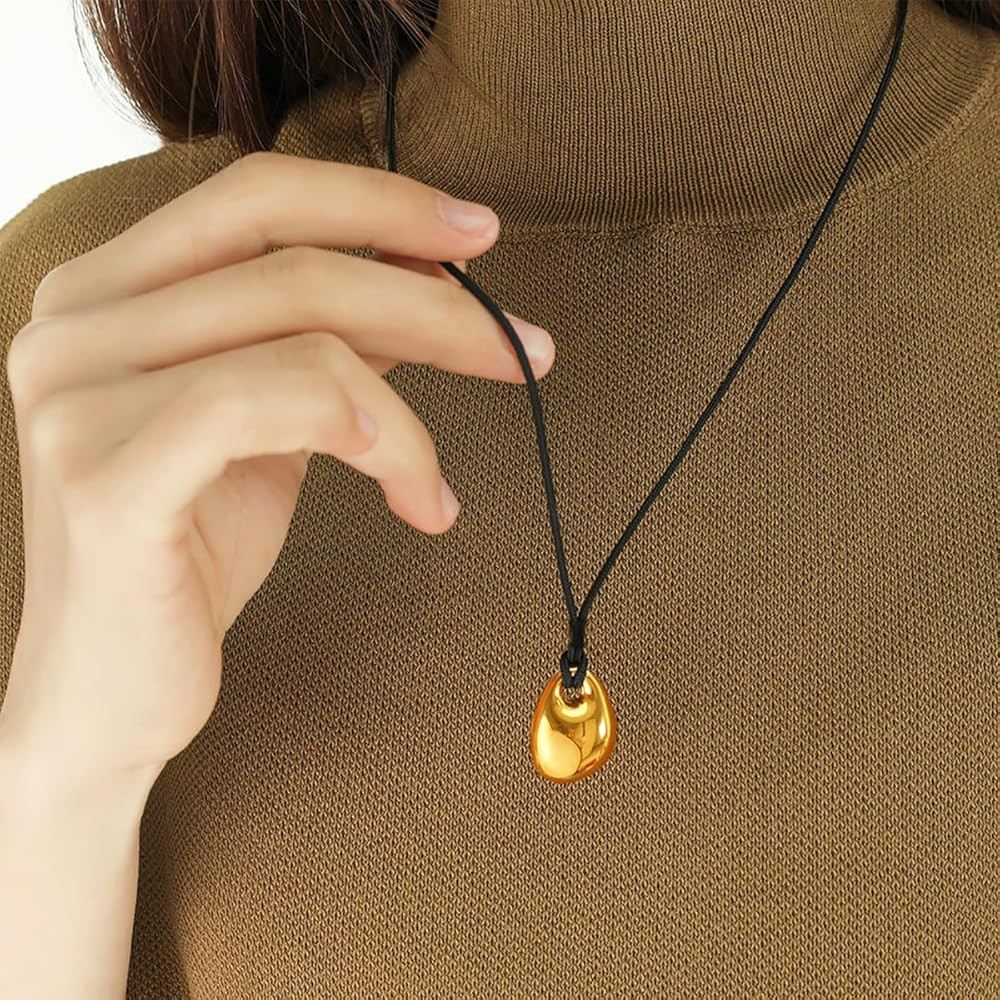 Dainty Oval Bean Pendant Necklace Simple Adjustable Black Leather Rope Collarbone Necklace Statement Jewelry Accessory Presents for Women Men | Amazon (US)