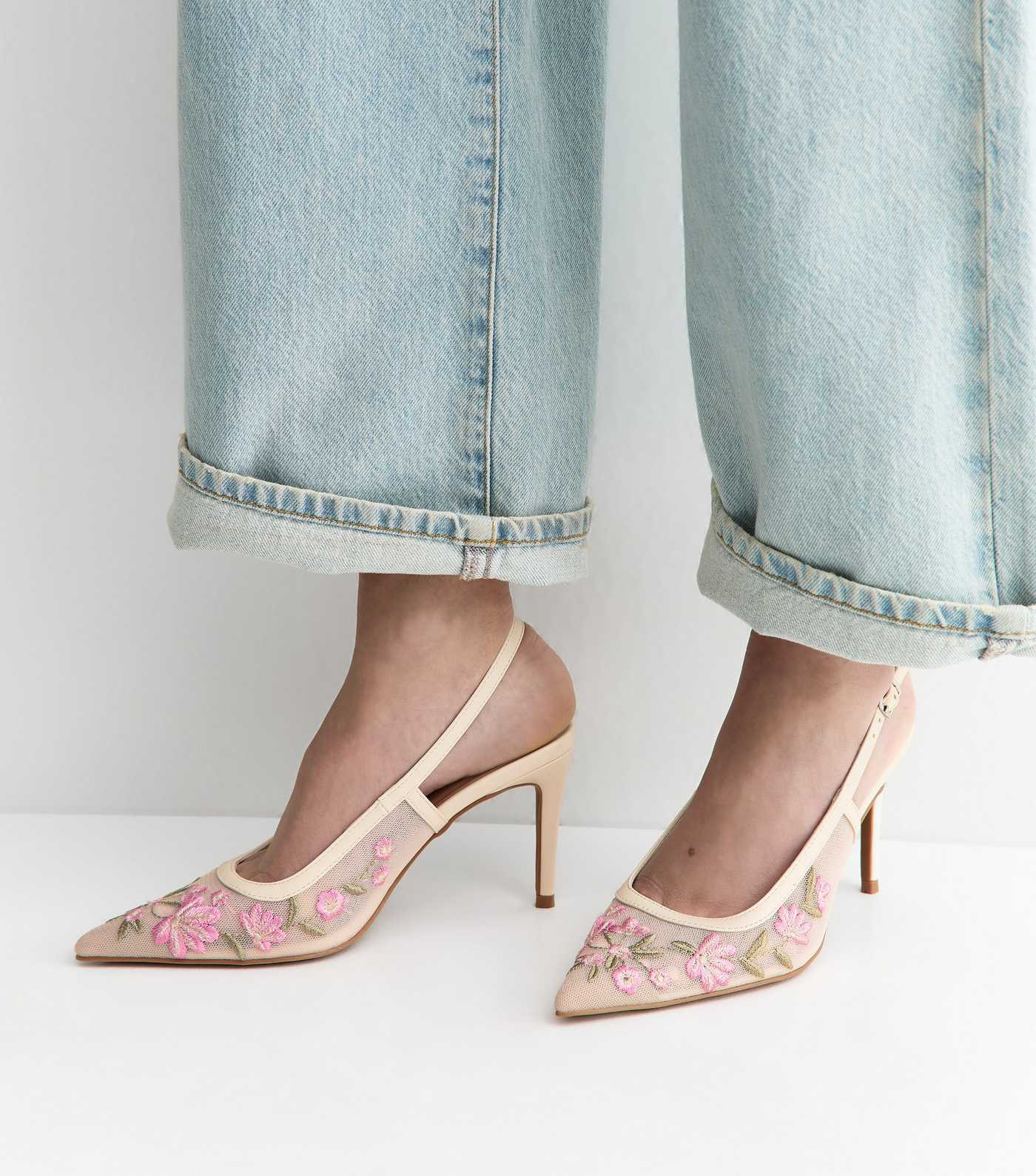 Off White Floral Embroidered Mesh Slingback Court Shoes | New Look | New Look (UK)