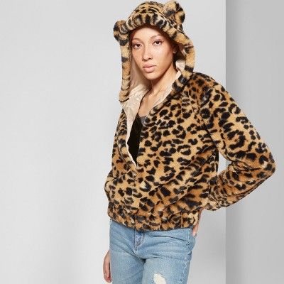 Women's Fuzzy Animal Print Faux Fur Zip-Up Jacket with Animal Ears - Wild Fable™ | Target