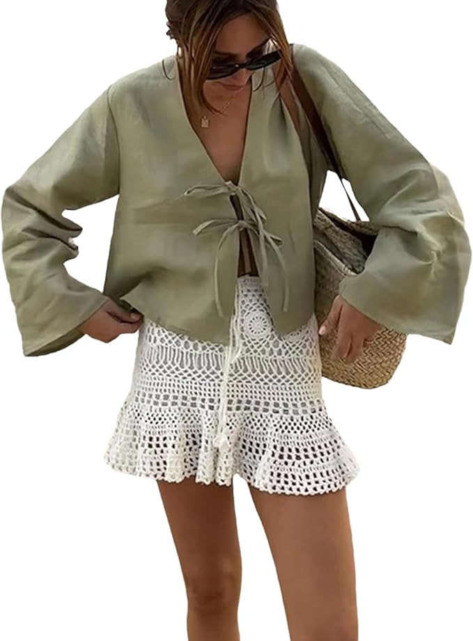 Bow Tie Front Tops for Women Casual Lace Up Bow Shirts Hollow Out V Neck Long Flare Sleeve Blouse... | Amazon (US)