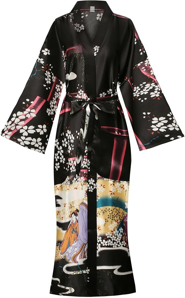 Women's Floral/Patterned Silky Kimono Robes Long Satin Bathrobes Sleepwear Loungewear | Amazon (US)
