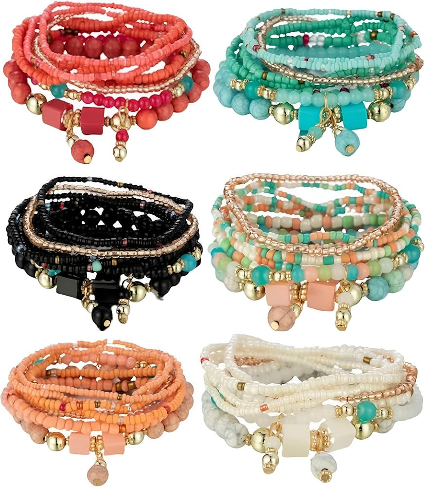 Women Beaded Bracelet Set | Colorful Boho Stackable Trendy Design with Crystal Accents Multilayer... | Amazon (US)