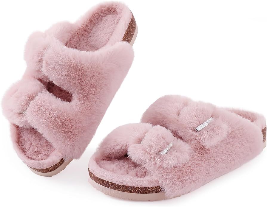 Fuzzy Slippers Women with Cork Footbed Fluffy Slide Sandals Open Toe Indoor House Shoes | Arch Su... | Amazon (US)
