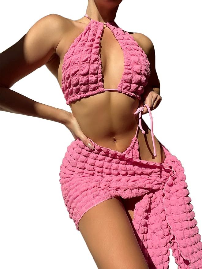OYOANGLE Women's 3 Piece Textured Backless Halter Neck Bikini Set Bathing Suit Swimsuit with Knot... | Amazon (US)