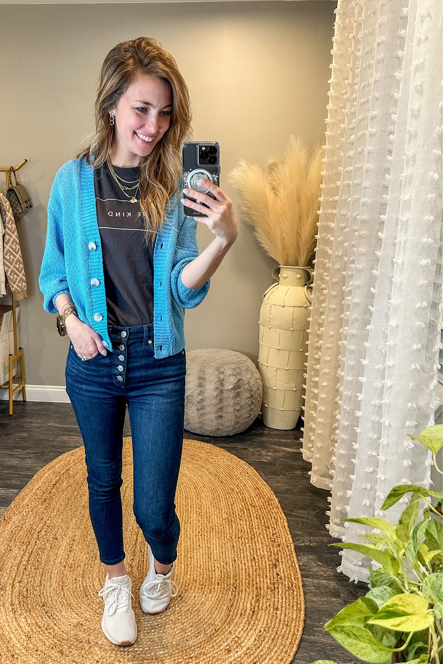 Blue crochet cardigan. I love wearing this Buttoned up as a shirt or open for a light cover up!

Easter Outfit, spring fit, high waisted jeans, tennis shoes, neutral, jewelry accessories, graphic Tee, t shirt, mom fit, mama ootd

#LTKstyletip #LTKSale #LTKfit
