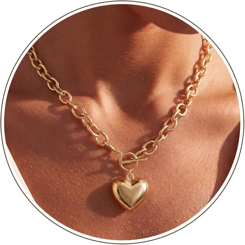 Chunky Heart Necklace for Women     14K Gold Plated Hammered Heart Pendant O-Link Chain Necklace ... | Amazon (US)