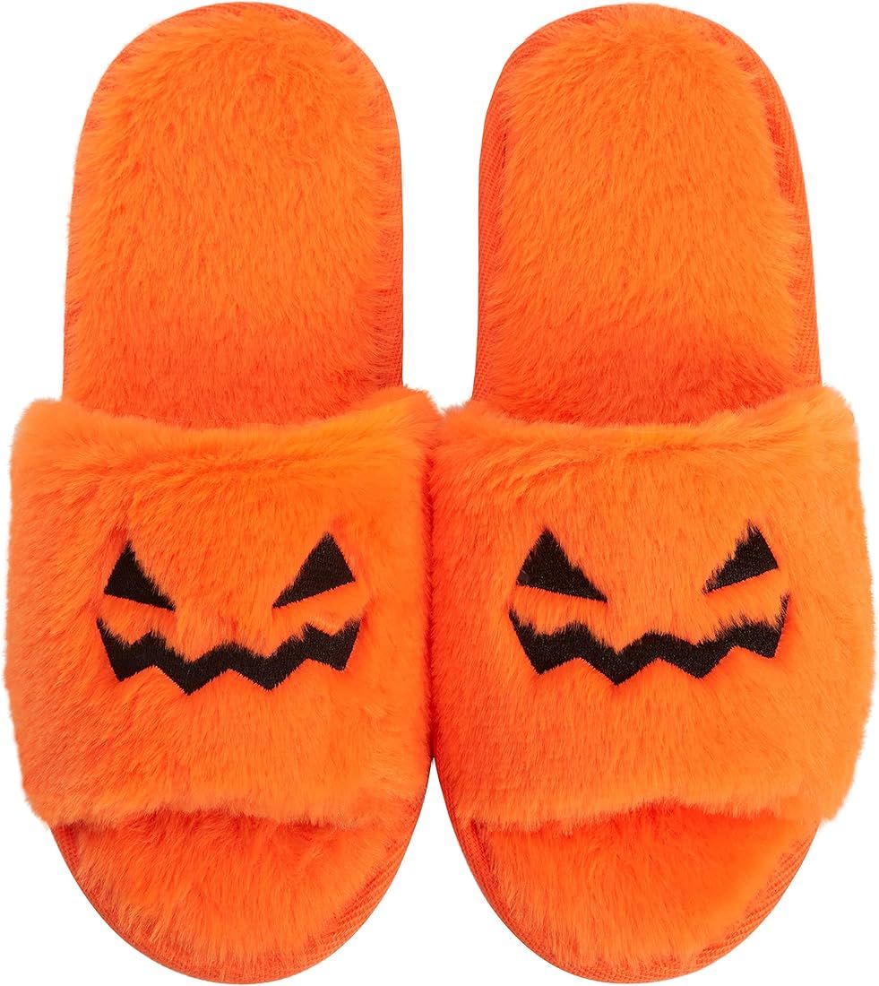 Sanfiago Halloween Slippers Pumpkin Slippers Women Cartoon Furry Face House Shoes Memory Foam Non... | Amazon (US)