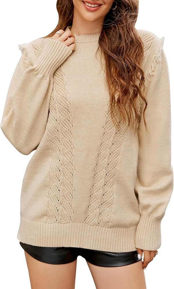 Womens 2023 Pullover Sweaters Crewneck Cable Knit Cute Trendy Fall Winter Sweater Tops | Amazon (US)