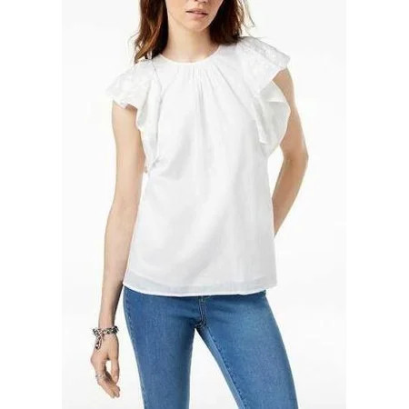 MICHAEL KORS Womens White Embroidered Flutter-Sleeve Blouse Top Size Medium | Walmart (US)
