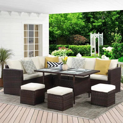 7-Pieces Pe Rattan Wicker Patio Dining Sectional Cusions Sofa Set With Cushions | Wayfair North America