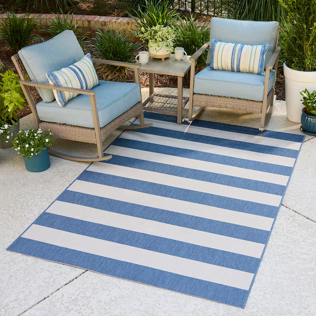 allen + roth Aleah 5 x 7 (ft) Flatweave Polypropylene Blue Rectangular Outdoor Stripe Farmhouse/C... | Lowe's