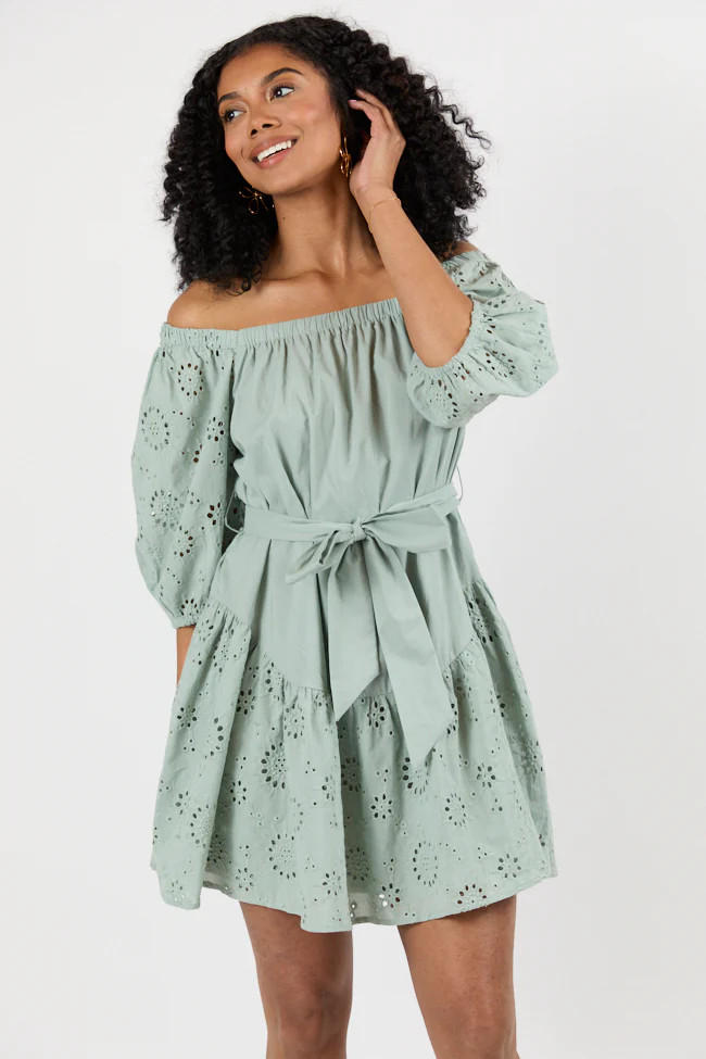 Set The Sage Eyelet Off The Shoulder Dress SALE | Pink Lily