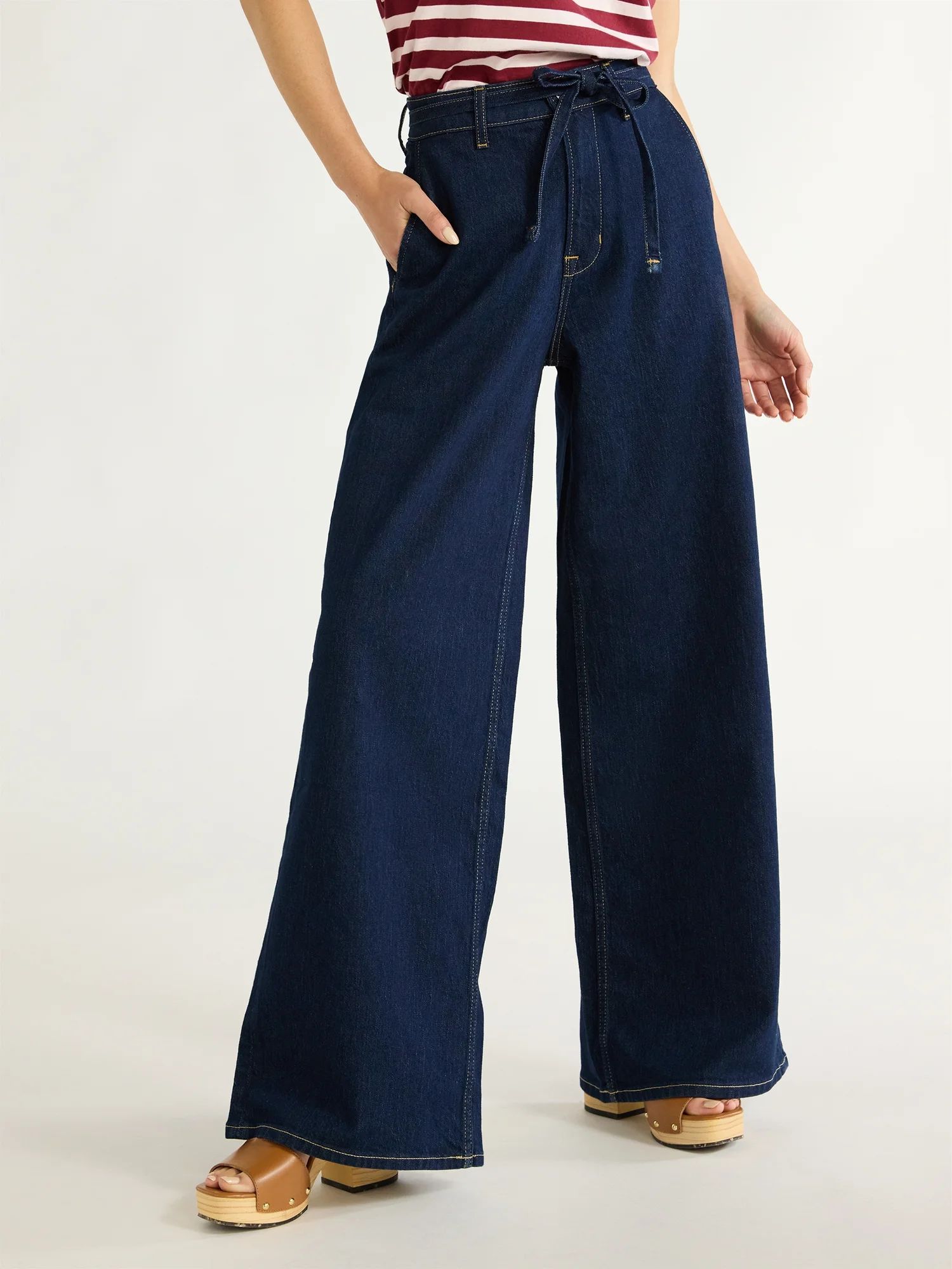 Free Assembly Women Mid Rise Belted Wide Leg Trouser Jean | Walmart (US)