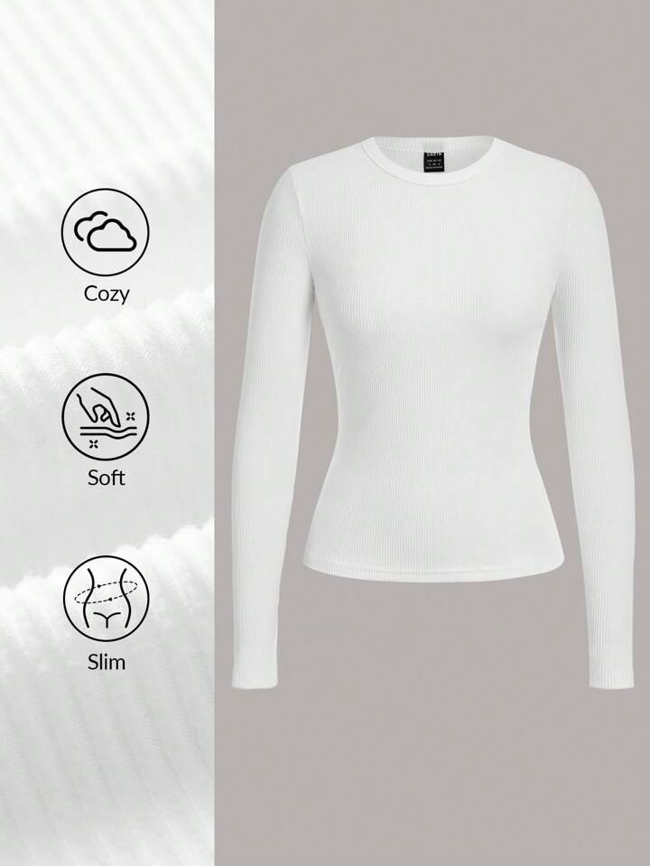 SHEIN BASICS Women Casual Solid Color Knitted Crew Neck Long Sleeve Regular Fit T-Shirt | SHEIN