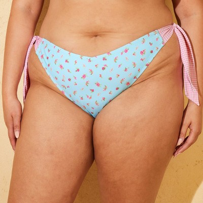 Demetra Dias with Wild Fable Women’s Blue Floral and Pink Gingham Print Wide Strap Low-Rise High Leg Cheeky Side-Tie Bikini Bottom X | Target