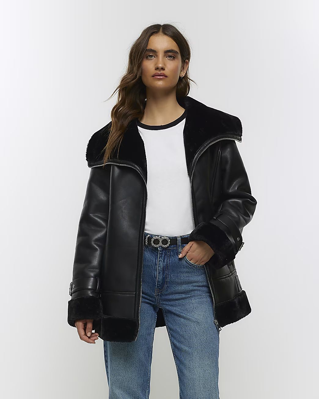 Black faux leather aviator jacket | River Island (US)