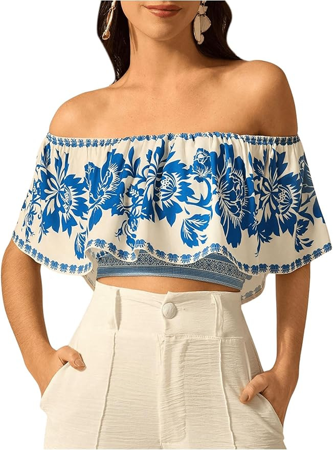 SweatyRocks Women's Boho Off The Shoulder Crop Tops Ruffle Floral Summer Blouses | Amazon (US)