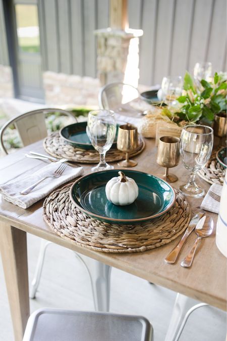 Fall table setting, patio table, outdoor fall decor, glass pumpkin, silverware, gingham napkin, tableware 

#LTKhome #LTKSeasonal