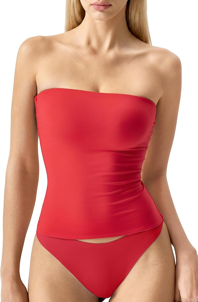 QINSEN Women's Tube Top Double Lined Strapless Bandeau Top Summer Slim Fit Going Out Tank Tops | Amazon (US)