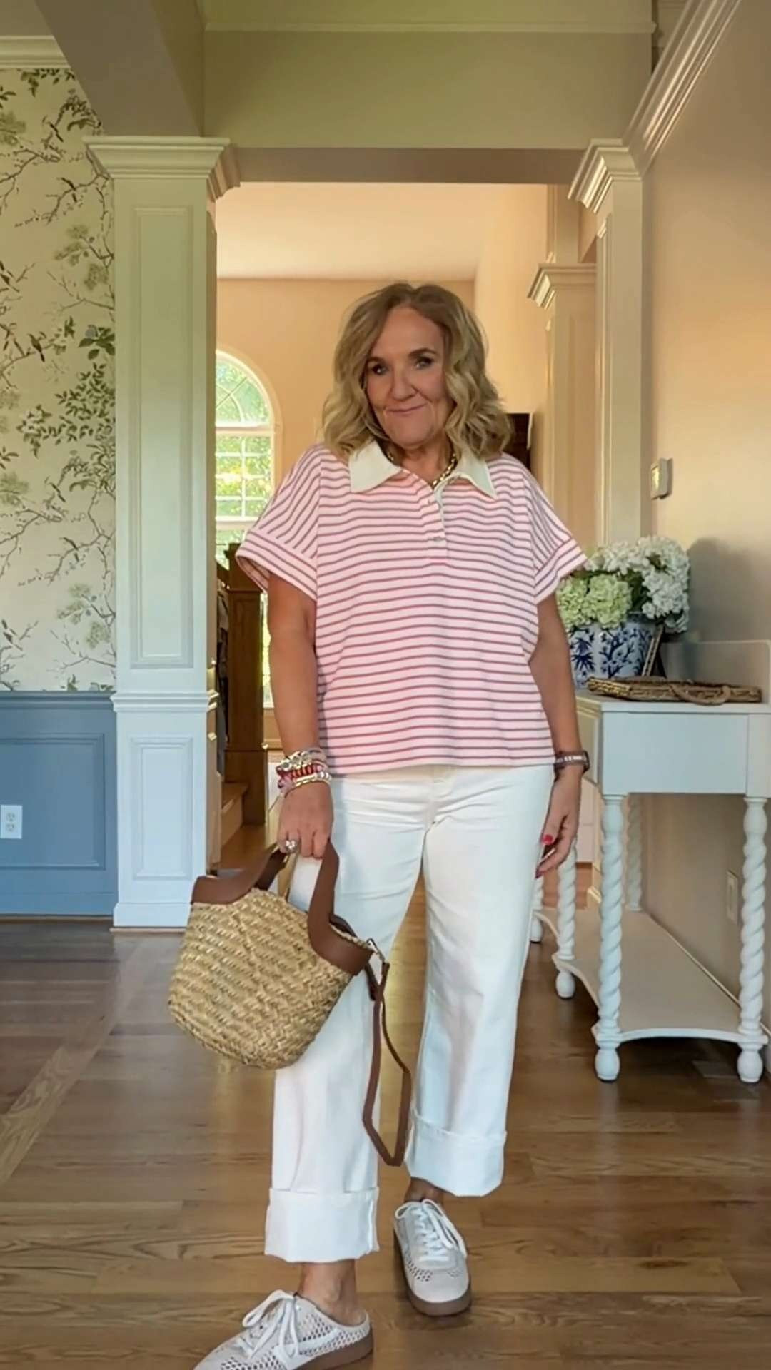 Pink stripes + white denim is such a classic summer combo 🫶🏻

This striped polo top is lightweight, comfortable, and so easy to style with white jeans and sneakers for an effortless everyday look. Perfect for errands, casual lunches, travel days, and weekend outfits.  

 #LTKootd #LTKOver40 #LTKSaleAlert