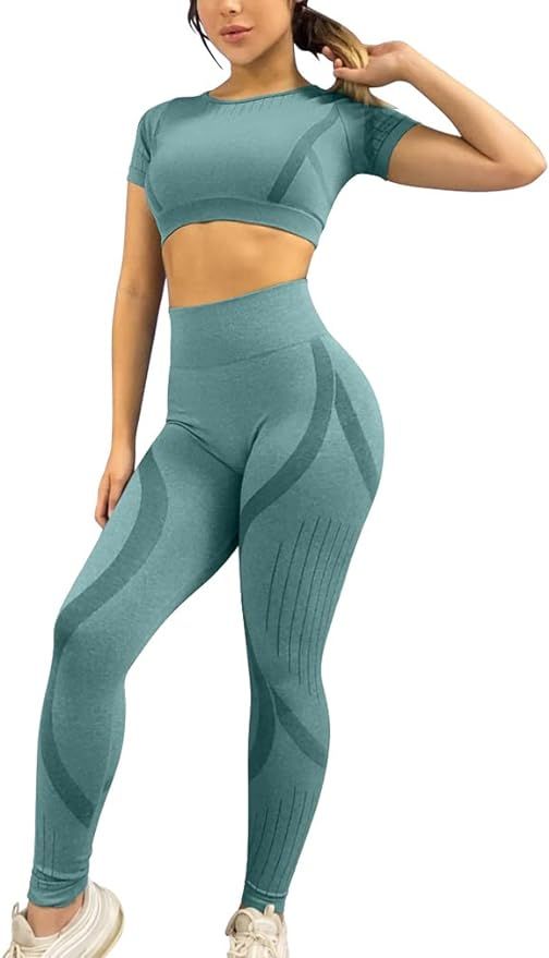 GXIN Women Workout 2 Piece Outfits Seamless Running High Waist Leggings Yoga Crop Tops Sets | Amazon (US)