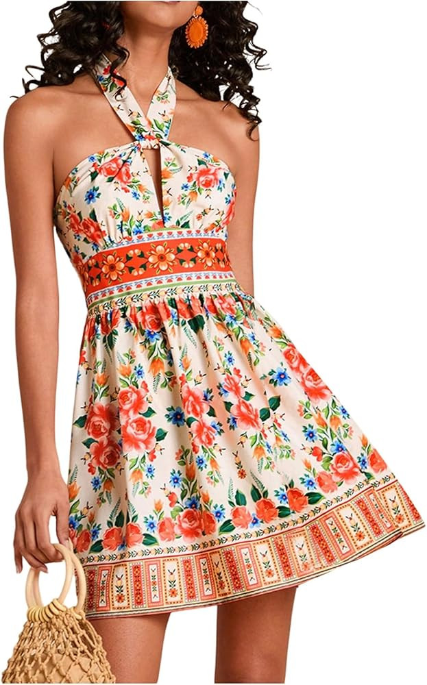 Floerns Women's Floral Print Sleeveless Halter Neck Tie Back Summer A Line Dress | Amazon (US)